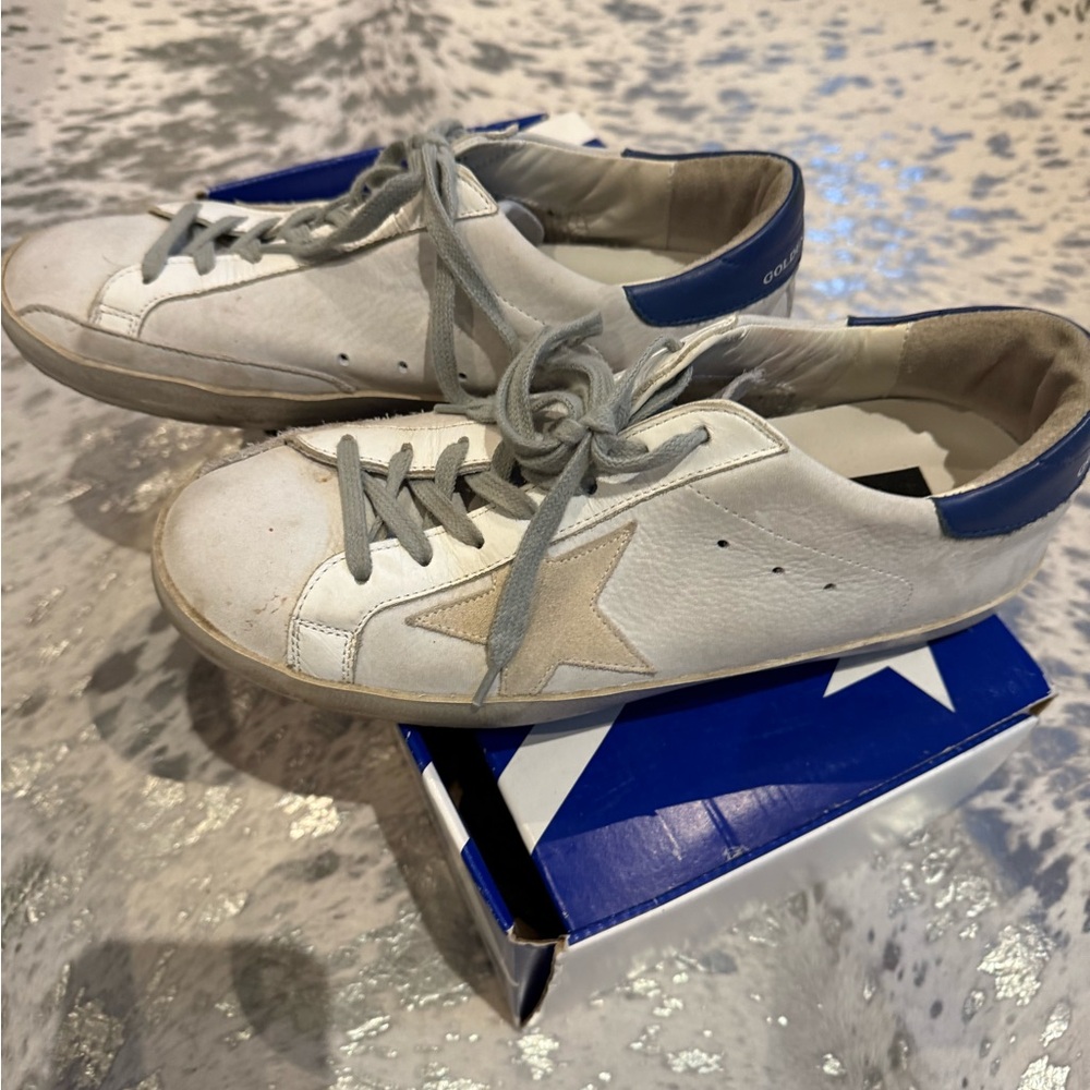 Golden Goose Designer Brand - White Sneakers with Blue Heel and Tan Star